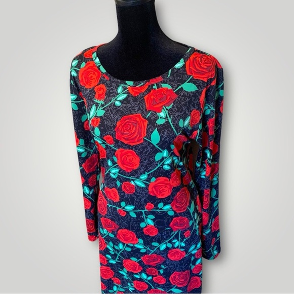 LuLaRoe Rose Patterned Stretch Soft BodyCon Scoop Neck Long Sleeve Midi Dress - Picture 3 of 10